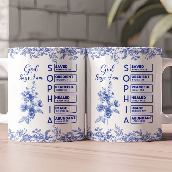 White Ceramic Mug with Bible Verses and Blue Floral Design, Faithful and Heartwarming Gift White Ceramic Mug with Bible Verses and Blue Floral Design, Faithful and Heartwarming Gift