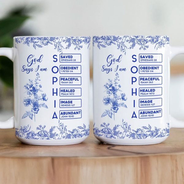 White Ceramic Mug with Bible Verses and Blue Floral Design, Faithful and Heartwarming Gift White Ceramic Mug with Bible Verses and Blue Floral Design, Faithful and Heartwarming Gift