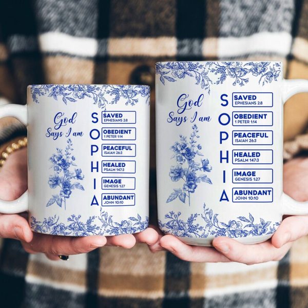 White Ceramic Mug with Bible Verses and Blue Floral Design, Faithful and Heartwarming Gift White Ceramic Mug with Bible Verses and Blue Floral Design, Faithful and Heartwarming Gift