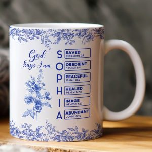 White Ceramic Mug with Bible Verses and Blue Floral Design, Faithful and Heartwarming Gift