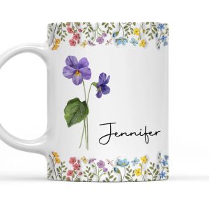 White Ceramic Mug with Floral Design and Name Print Elegant Personalized Gift for Her, Perfect for Birthdays and Special Moments