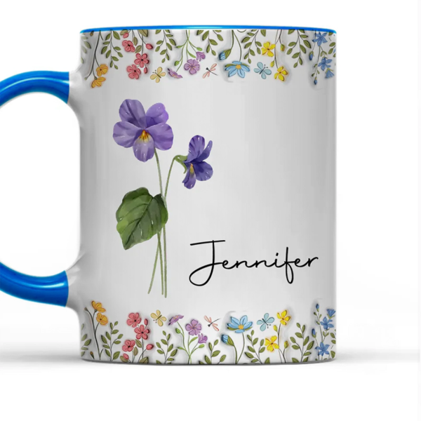 White Ceramic Mug with Floral Design and Name Print Elegant Personalized Gift for Her, Perfect for Birthdays and Special Moments