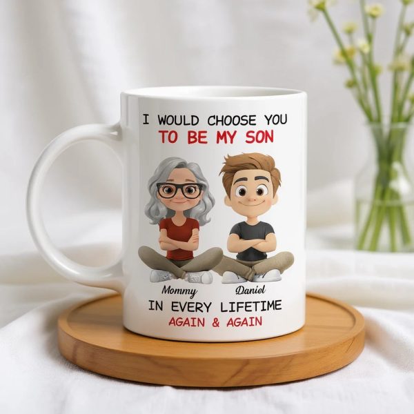 White Ceramic Mug with Heartwarming Mom and Son Design, Perfect Gift Choice White Ceramic Mug with Heartwarming Mom and Son Design, Perfect Gift Choice