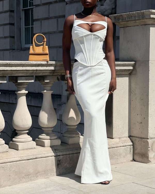 White Corset Cut Out Top And Maxi Skirt Set