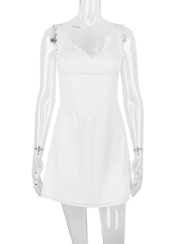 White Cupped Doily Strap V-neck Mini Dress White Cupped Doily Strap V-neck Mini Dress