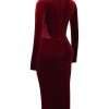 Wine Velvet Corset Lace Trim Long Sleeve Midi Dress