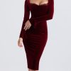 Wine Velvet Corset Lace Trim Long Sleeve Midi Dress