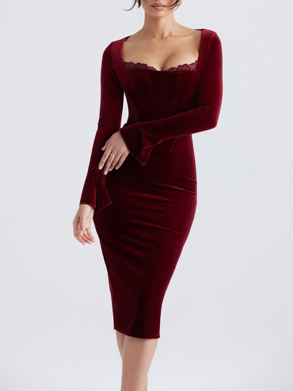 Wine Velvet Corset Lace Trim Long Sleeve Midi Dress