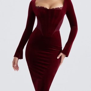 Wine Velvet Corset Lace Trim Long Sleeve Midi Dress
