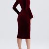 Wine Velvet Corset Lace Trim Long Sleeve Midi Dress