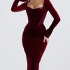 Wine Velvet Corset Lace Trim Long Sleeve Midi Dress