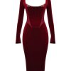 Wine Velvet Corset Lace Trim Long Sleeve Midi Dress