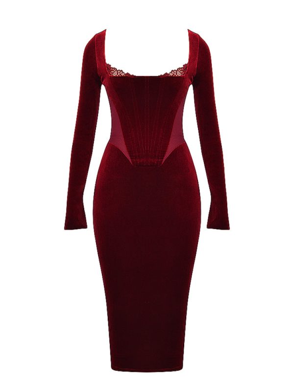 Wine Velvet Corset Lace Trim Long Sleeve Midi Dress