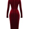 Wine Velvet Corset Lace Trim Long Sleeve Midi Dress