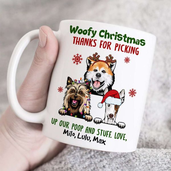 Woofy Christmas Thanks For Picking Up Our Stuff, Personalized Dog Christmas Mug, Christmas Gift