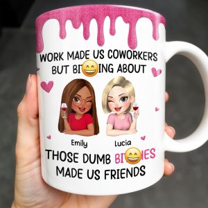 Work Made Us Coworkers, Cartoon Portraits And Wine Glass - Personalized Custom Coffee Mug - COL109_MG