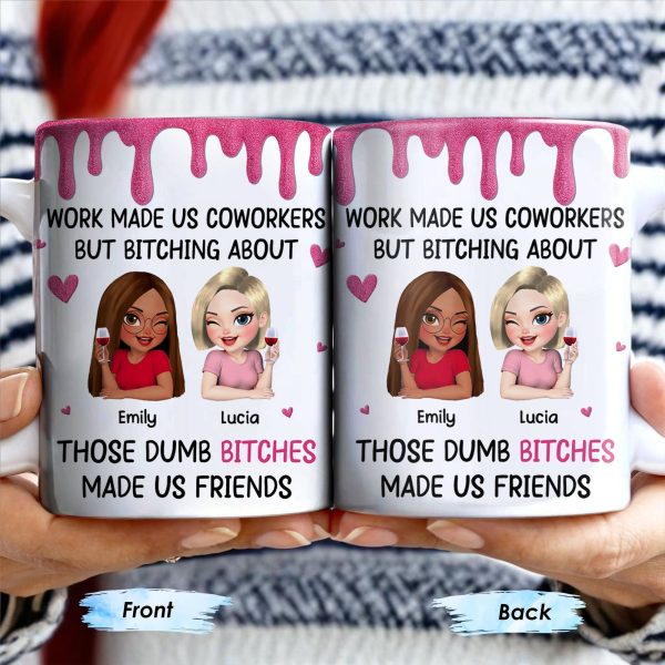 Work Made Us Coworkers, Cartoon Portraits And Wine Glass - Personalized Custom Coffee Mug - COL109_MG Work Made Us Coworkers, Cartoon Portraits And Wine Glass - Personalized Custom Coffee Mug - COL109_MG
