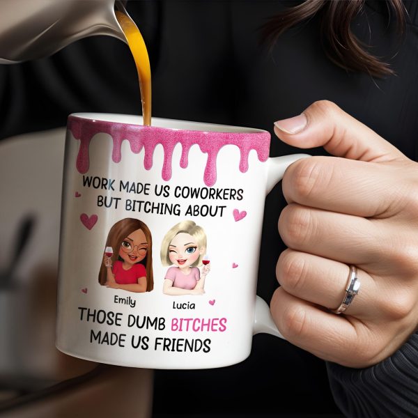 Work Made Us Coworkers, Cartoon Portraits And Wine Glass - Personalized Custom Coffee Mug - COL109_MG Work Made Us Coworkers, Cartoon Portraits And Wine Glass - Personalized Custom Coffee Mug - COL109_MG