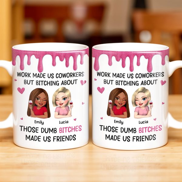 Work Made Us Coworkers, Cartoon Portraits And Wine Glass - Personalized Custom Coffee Mug - COL109_MG Work Made Us Coworkers, Cartoon Portraits And Wine Glass - Personalized Custom Coffee Mug - COL109_MG