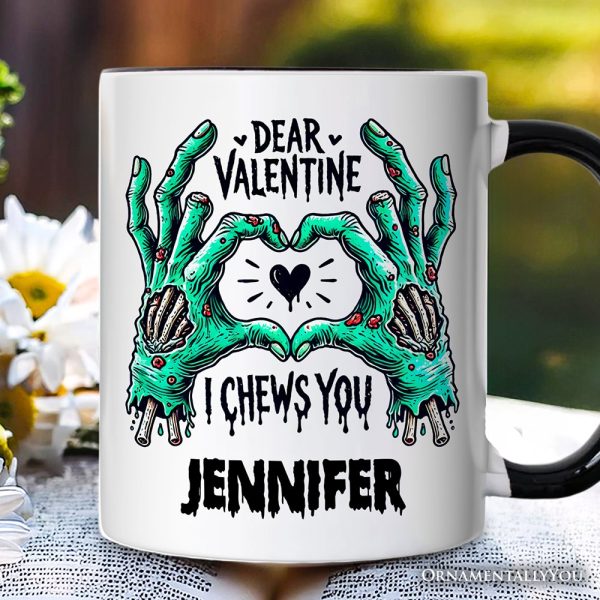 Zombie Valentine Hands I Chews You Personalized Mug, Funny Horror Spring Gift with Custom Name Zombie Valentine Hands I Chews You Personalized Mug, Funny Horror Spring Gift with Custom Name